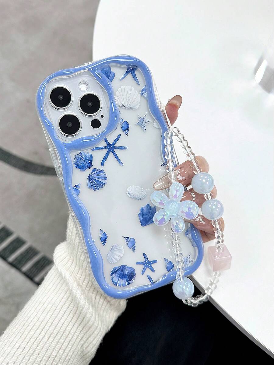 奶油波浪边亮面油彩海星贝壳图案防摔手机壳，附赠手工串珠手链，兼容 XR/7/8、 16/16 Pro/16 Plus/16 Pro Max、 15/15 Pro Max、 13、 14、 11、P12、XS、Galaxy S24、S24+、S24 Ultra、S22、A13 4G、A52、A52s 5G、A23、A35、A25、A73、Redmi Note 11、11 Lite，国际版，非国内版。