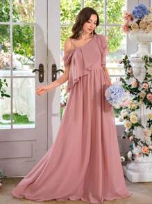 Abito da cocktail, cerimonia, serata formale, invitato a matrimonio, in chiffon minimalista, sexy, spalla asimmetrica