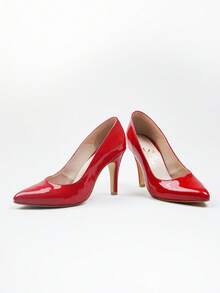 Zapatos de mujer tipo zapatilla con tacón delgado y de altura media con acabado en recubierto y de abertura ondulada, de diseño elegante, cómodos y sofisticados, ideales para uso diario para oficina, eventos formales o casuales, fiestas elegantes, cenas, bodas, graduaciones, ofreciendo un toque de estilo y glamour que resaltan la sofisticación en el calzado femenino. - Rojo - Ver 3