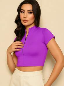 SUPLEX SHORT SLEEVE ZIPPER CROPPED TOP Simple Casual Cute Zipper - Màu tím - Xem 3
