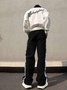 男士直筒休闲裤，花卉提花侧片，秋季 - 黑色 - 查看 2