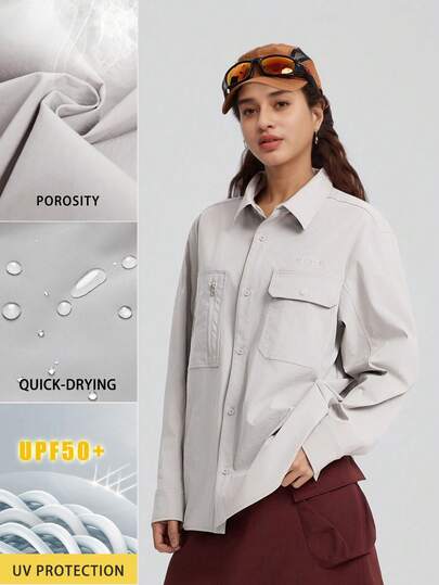 TECTOP 女士户外长袖衬衫防晒 UPF50+ 透气防水两个胸口袋露营徒步男女通用