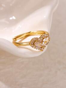 Dainty Pink Double Droplet Cubic Zirconia Heart Rings, 18K Gold-Plated & Silver Color Open Ring For Women, Golden Waterproof Wedding Jewelry Prom Accessories, Gifts For Mom/Best Friends - Heart & - View 4