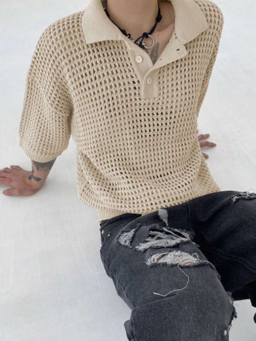 Unisex Casual Business Style Loose Solid Color Short Sleeve Polo Sweater, Spring/Summer New Arrival - Khaki - View 1