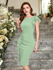 MIUSOL Solid Color Asymmetric Ruffle Sleeve Cocktail Dress, Elegant Semi-Formal Women Dress - Mint Green - View 7