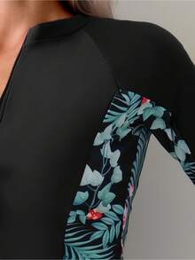 New Fashion European And American Style Sports Zipper Printed One-Piece Swimsuit, One-Piece Tummy Control Slimming High-End Swimsuit For Women - màu đen - Xem 7