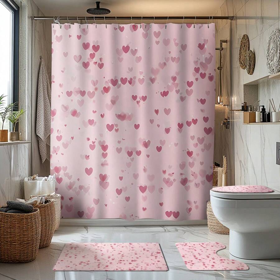 4 Stücke rosa Herz Thema Badezimmer Vorhang Set, Badematte, U-förmiger Toilettendeckel, wasserdichter Duschvorhang, dekorativer Badezimmer Raumteiler Vorhang, moderner Stil, ohne Bohren erforderlich, maschinenwaschbar, Badezimmer Accessoires, Rückfahrt zur Schule Badezimmer Dekoration