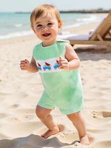 Baby Boy Smocked Outfit Striped Overalls Romper Whale/Watermelon Truck Sleeveless Bodysuit Jumpsuit Shorts Newborn Cute Summer Clothes - 綠色 - 查看 3