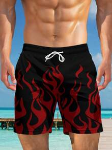 Men's 3D Flame Print Drawstring Waist Hawaiian Beach Shorts - Red - View 4