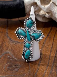 1 pièce Bague décorative avec pierre de turquoise bleue pour femmes, Bague rétro vintage style occidental, Bijoux bohème, Style cowgirl occidental