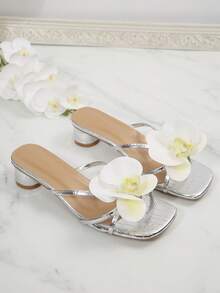 Butterfly Square Toe Sandals, Minimalistic Design High Heel Slides, Elegant Goddess Style, Chunky Heel, Spring/Summer 2025 - Silver - View 5