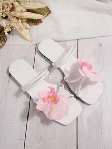 3D花卉装饰优雅休闲可爱通勤派对聚酯纤维（涤纶）花卉装饰女士柔软女性平底拖鞋白色凉鞋适合海滩、婚礼、办公室、家居、户外、夏季 - 粉色 - 查看 7