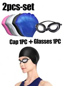 1 套硅胶泳帽 - 带防水泳镜，带耳袋的泳帽，保护长发并提供高弹性防水游泳，适合男士和女士、成人和青少年，返校，特殊设计的泳帽，适合非常长而浓密的卷发和脏辫编织辫子，硅胶保持头发干爽，防水舒适男女通用泳帽，游泳池设备