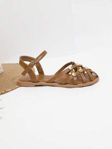Damen elegante Sandalen, rhombus-förmige Aussparungen, Metallschnalle, modische und vielseitige Schuhe, TPR rutschfeste und abriebfeste Sohle, Lässig Sommer Sandalen