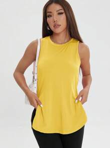 1pc Women Casual Loose Sleeveless Sports Top, Solid Color Crew Neck With Side Slit, Comfortable For Fitness, Spring/Summer