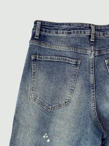 男士轻盈商务休闲水洗做旧裤脚牛仔裤，百搭修身直筒休闲裤，适合所有季节，纽扣门襟，街头风宽松锥形裤腿牛仔裤 - 藍色 - 查看 6