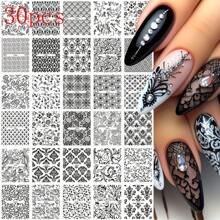 30PCS/10pcs Random Press Nail With Adhesive Back Self-Adhesive 3D Floral Nail Polish Decal - Self-Adhesive, Coloured DIY Nail Polish Decal With Glitter Effect Nail Art For Women And Girls, Nail Nail Art Supplies, Nail Nail Decoration | Floral Nail Design | Self-Adhesive Paper, Nail Nail Decal