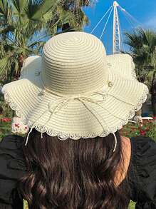 Sombrero de paja con ala ondulada, sombrero de sol de verano de moda con lazo decorativo, ala ancha para playa y vacaciones, para mujer