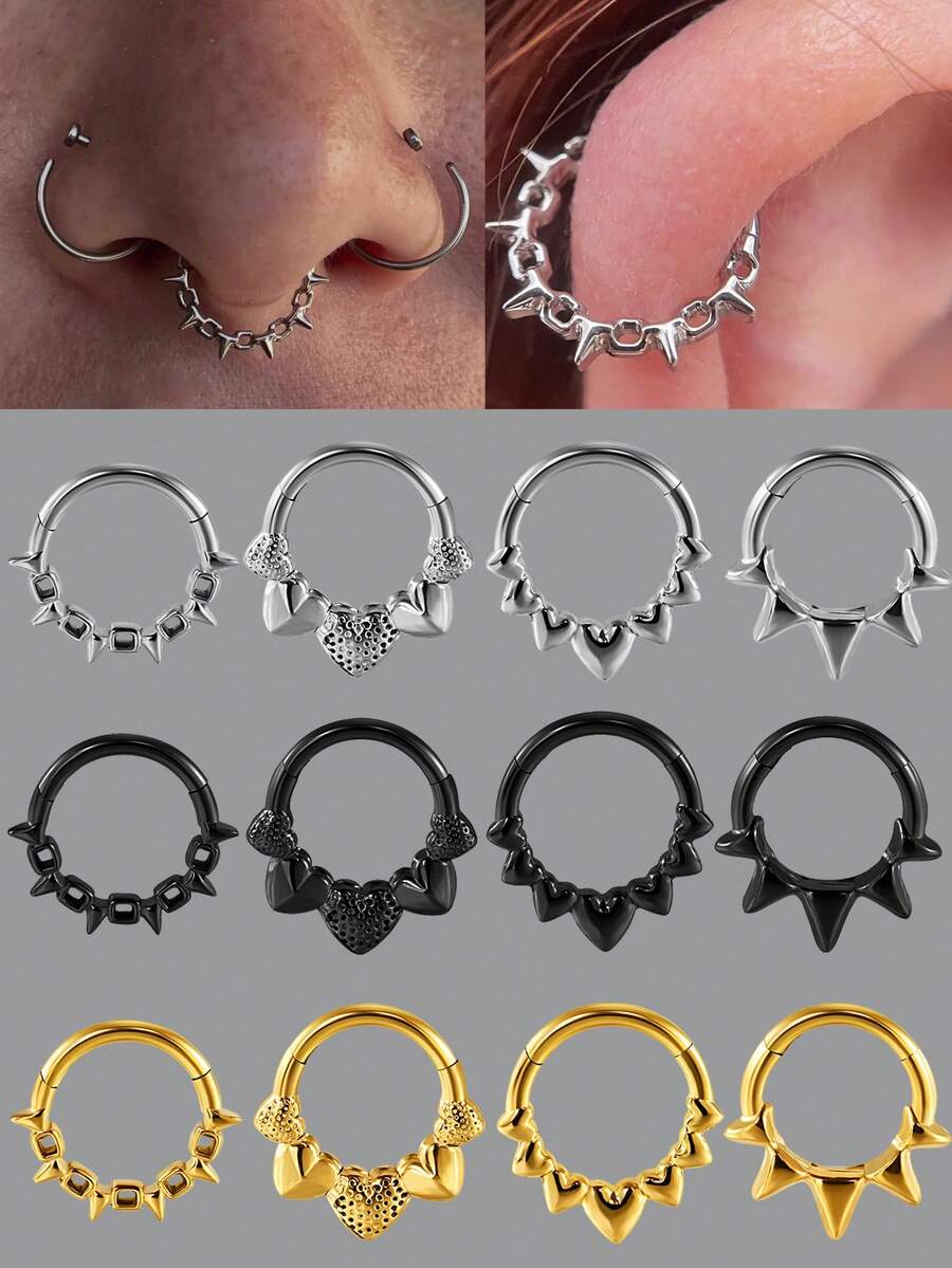 1PC Stainless Steel 16G Symmetric Geometry HingedSegment Septum Ring Simple Cone Hollow Heart Series Connection Nose Lip Cartilage Helix Tragus Earring For Unisex Daily Life