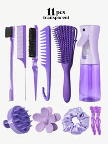 11pcs Hair Brush Set, Hair Brushes For Women Wet Dry All Hair Detangling Parting Styling, 200ml Continuous Spray Bottle, Premium Wide Tooth Comb, Scalp Massager Shampoo Brush, Brush Set With Detangler Brush, Edge Brush, Teasing Brush, Rat Tail Comb, Flower Hair Clip, 2 Alligator Hair Clips And Hair Tie