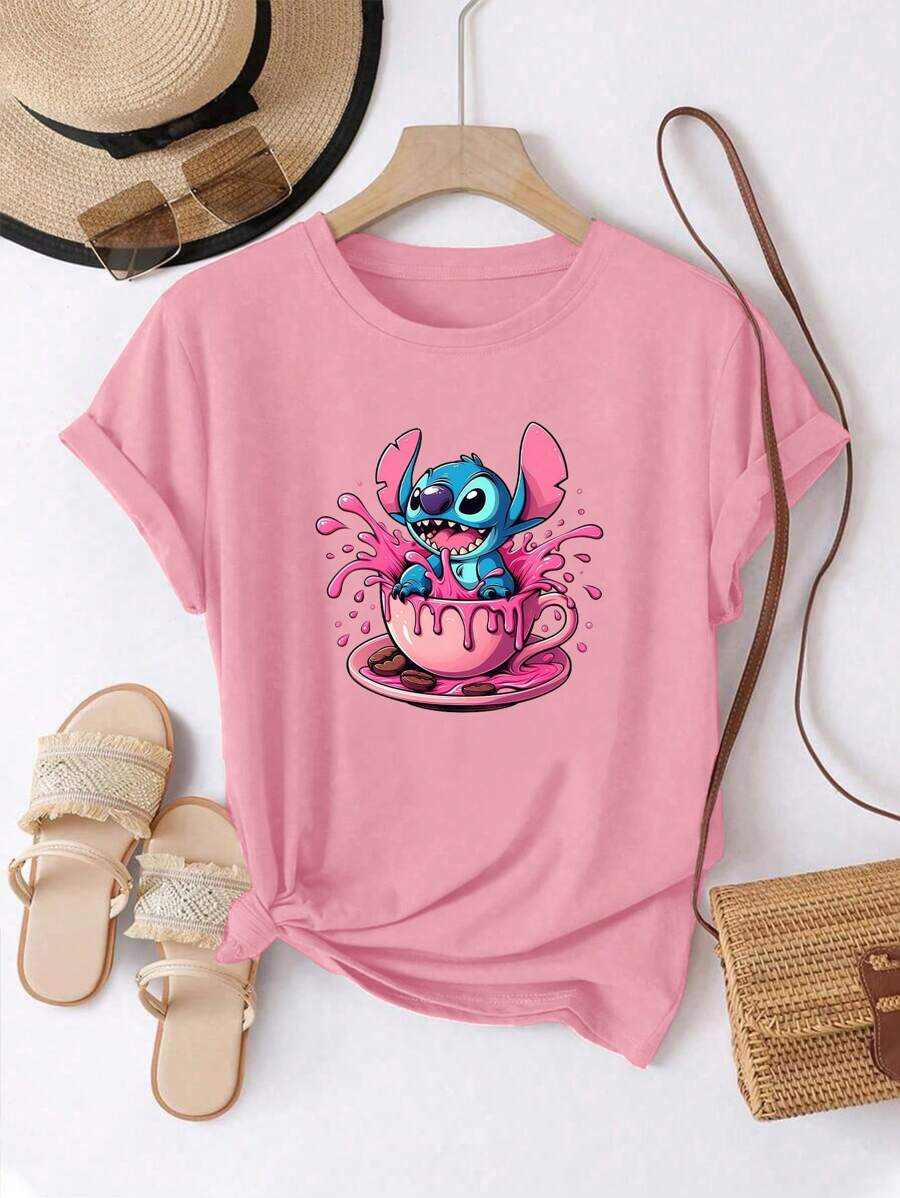 Camiseta de mujer para uso en casa de Disney, estampado de dibujos animados de Stitch en la taza, camiseta superior cómoda