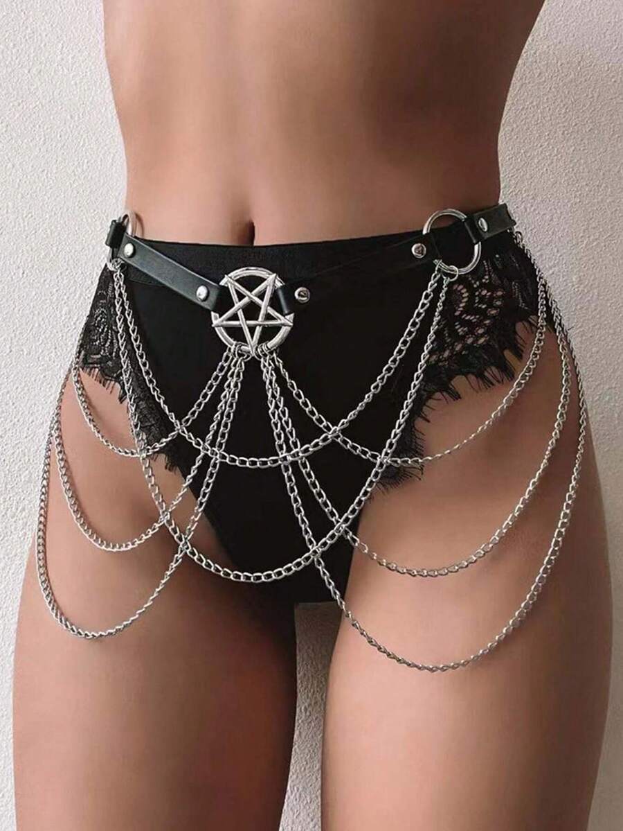 女士皮革链条腰带，街头风女士链条束腰带，锐舞派对装扮腰链