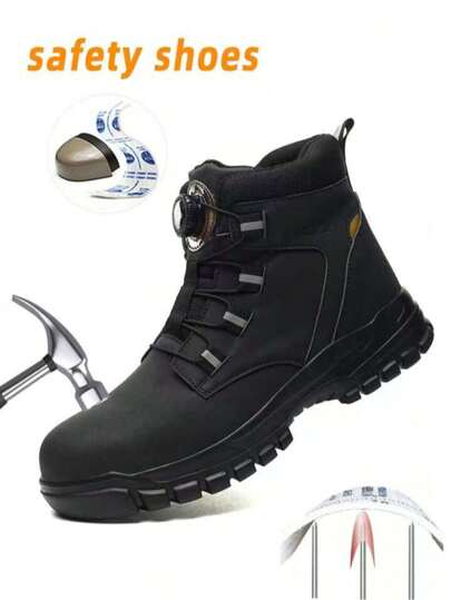 Męskie/damskie buty robocze z metalowym noskiem i obrotowym przyciskiem, wytrzymałe, wysokie buty robocze z metalowym noskiem, czarne, duże buty robocze dla mężczyzn, do pracy w przemyśle, na budowie, w magazynie, odporne na uderzenia i przebicia, odpowiednie na każdą porę roku