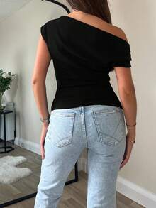 Áo croptop cổ lệch độc đáo, thanh lịch, giản dị, quyến rũ dành cho nữ, áo ngắn ôm sát eo, gợi cảm, tối giản, màu đen ngọt ngào, quyến rũ cho mùa hè - màu đen - Xem 5