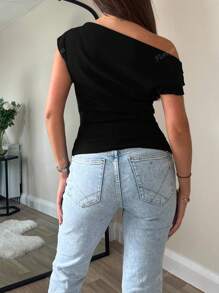 Elegant Basic Casual Peculiar Gorgeous Asymmetrical Neck Crop Top For Women, Minimalist Sexy Oblique Shoulder Fitted Short Midriff-Baring Top, Sweet Sexy