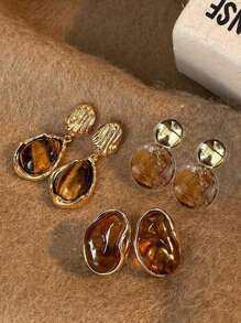 3 Pairs Vintage Brown Resin Tiger Eye Stud Earrings For Women, Colorful Personalized Meraed Jewelry
