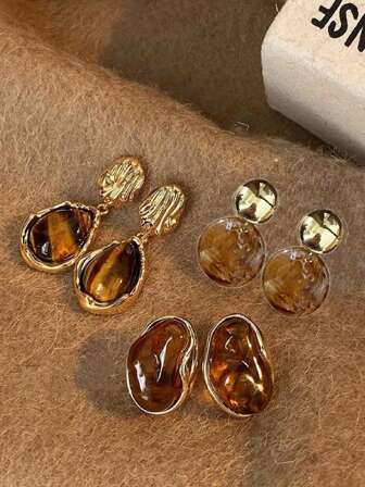 3 Pairs Vintage Brown Resin Tiger Eye Stud Earrings For Women, Colorful Personalized Meraed Jewelry