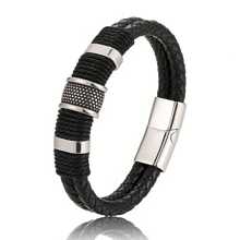 Fashionable Simple Woven Double Layer Leather Cord Bracelet For Men, Magnetic Clasp Leather Wristband Jewelry