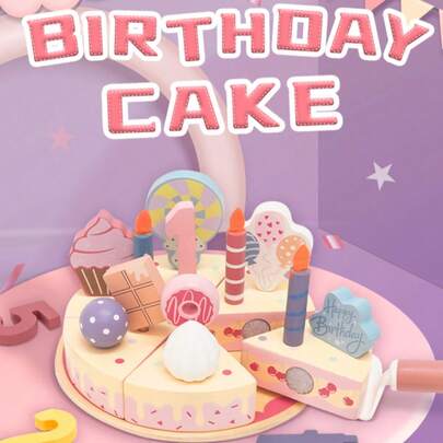 木制生日派对蛋糕玩具套装，儿童厨房配件，角色扮演玩具，2-6岁儿童派对礼物，男孩女孩益智玩具