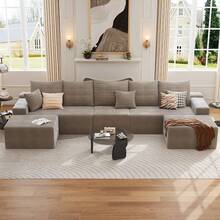 LUCKHAO 167" Modular Cloud Sectional Sofa With 2 Ottoman,Modern Minimalist Upholstered Couches, Comfort U Shaped Sofa For Living Room,Deep Seat Corner Couch,No Assembly Required,7 Seater - 駝色 - 查看 3