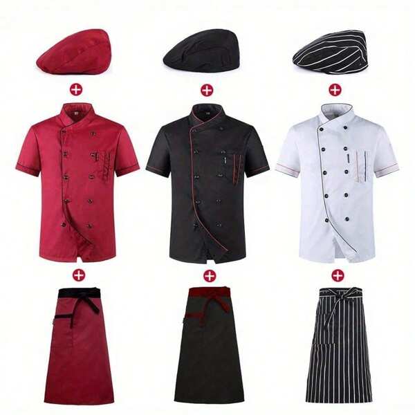 3-Piece Set: Jacket + Hat + Apron Chef Uniform, Short Sleeve Summer Outfit For Restaurant Hotel Kitchen Staff, Breathable & Lightweight (Fits Size XL)