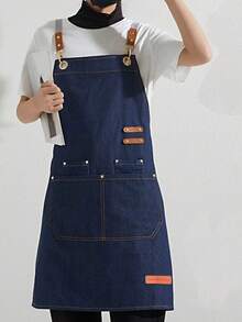 1pc Polyester Solid Color Apron, New All-Season Style, Waterproof, Oil-Proof, Household Kitchen Cooking Apron For Men & Women, Fashion Waist Tie Cafe Restaurant Workwear Dirt-Proof Customizable Waterproof Oil-Proof Workwear - Blue - View 8