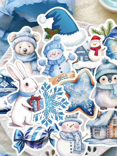 50 张蓝色冬季设计贴纸，适用于计划簿、手机壳、笔记本、窗户、滑板、行李箱、冰箱装饰、圣诞礼物