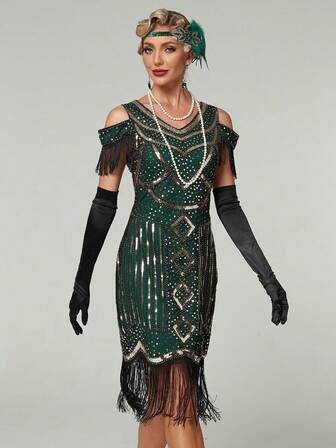 女式短袖撞色亮片流苏 1920 年代复古派对礼服，适合参加鸡尾酒会