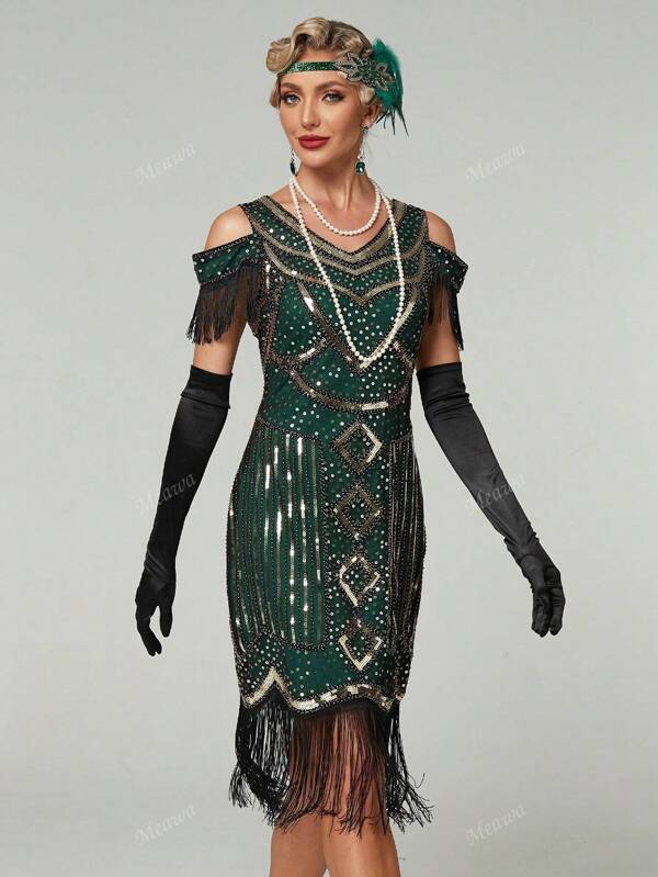 Robe de soirée rétro des années 1920 avec manches courtes, sequins contrastés et franges pour femme, pour cocktail