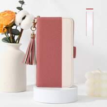 Fashionable Tassel Patchwork Phone Case, Notebook-Style Smart Phone Case, Card Storage Design, Perfect For Women & Men, Multi-Function Phone Case With Stylish Appearance, Wallet-Style Shock Absorbing Function, Memo Pad Phone Case, Wallet-Style, Elegant Gift, Anti-Fall, Card Storage Stand Function, Minimalist & Fashionable, Full-Protection Stand, PU Leather Smart Phone Case, Birthday Gift, New Year Gift, Mother's Day Gift