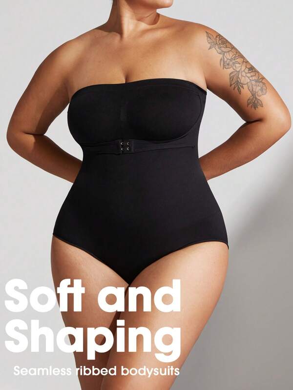 1pc Women Plus Size Strapless Shapewear With Removable Straps, Seamless Bust Support, Waist Cinching, Butt Lifting, Black