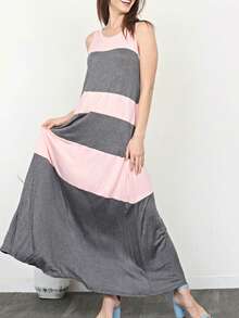 Boho Retro Vintage  Solid  Grey Color Block Color Sleeveless Grey Maxi Dress Racer | S-3X - Pink - View 3