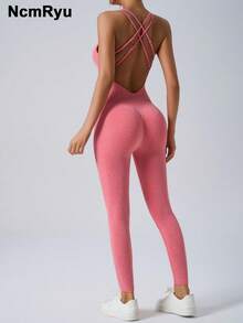 NcmRyu Women Solid Color Seamless Ribbed Adjustable Strap Skinny Fit Jumpsuit, Peach Hip, Suitable For Fitness Shapewear Bodysuit - Red - View 1