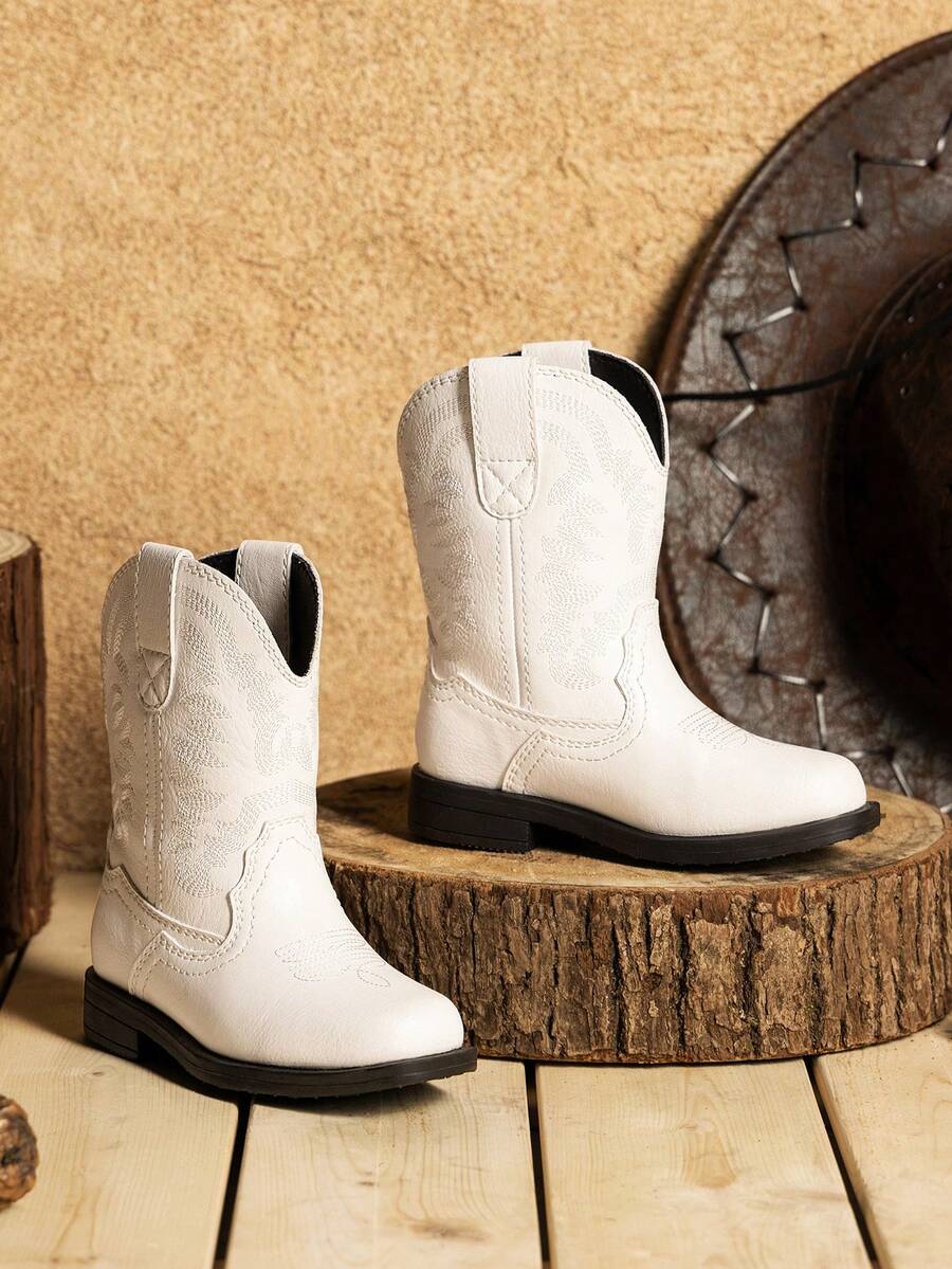 1 Pair Classic Embroidered Fashion All Season Children Boots, Toddler Little Boys Girls Cowboy Boots,Everyday And Vacation Wear, Low Heel Mid-Calf Girls Boots - trắng - Xem 1