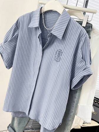 Striped Embroidery Front Button Casual Short Sleeve Shirt