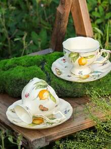 Set de cești și farfurioare vintage la modă, decorate cu pădure și lămâie, pictate manual cu ornamente aurii pe marginea ceștii, mâner și marginea farfurioarei; ceainic ceramic retro de înaltă calitate; disponibil în modele de lămâie, fluturi și insecte multicolore și florale, emanând o atmosferă sofisticată și elegantă.