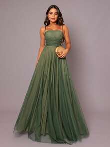 LONG BRIDESMAIDS WEDDING DRESS WITH TULE FLAT AND BRAIDS - Olive Green - View 1