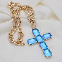 Retro Oversized Pearl Necklace With Big Glass Cross Pendant, Fashion Jewelry For Women, Christmas Gift