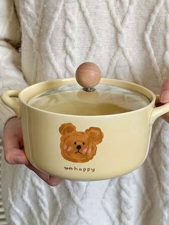 1pc Cute Bear Ear Covered Ramen Bowl, Unique Design Ceramic Dinnerware, Microwave/Oven/Dishwasher Safe Tableware, Suitable For Home & Party, Not For Direct Flame Or Induction Cooktop,School Supplies