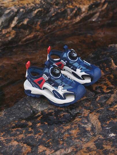 1 Pair Kids Sandals, 2025 Summer New Boys Sandals With Button Design, Beach & Running Shoes